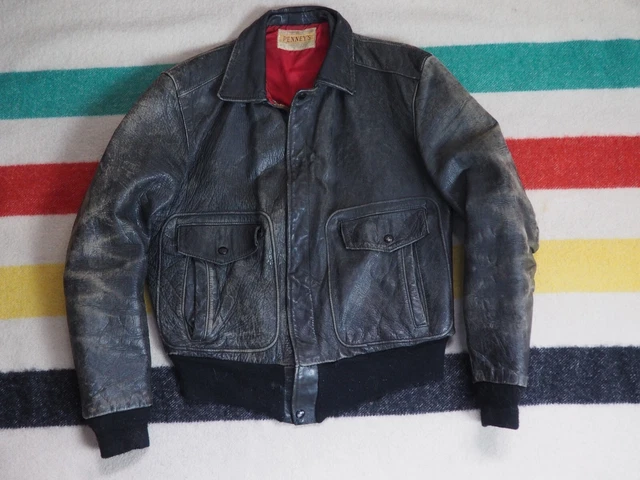 VTG 50s PENNEYS Horsehide A-2 Faded Black Conmar Zip Bomber Motorcycle Jacket M
