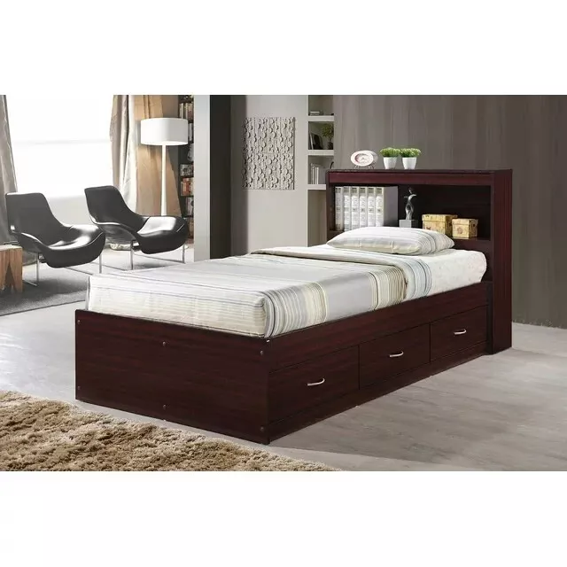 Storage Bed Frame 3-Drawer Twin Size Wood With Headboard Bookcase Mahogany