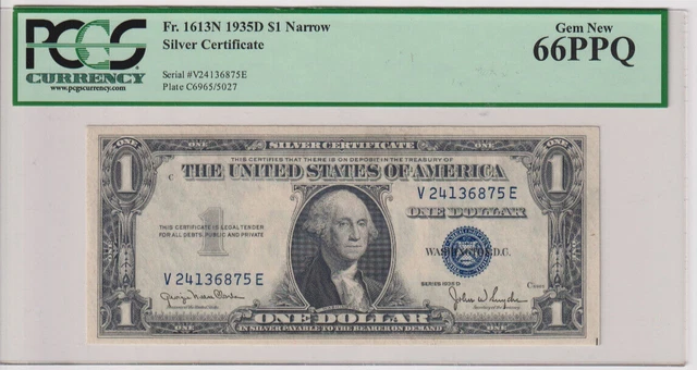 Fr 1613N GEM 1935D $1 SC V24136875E PCGS 66PPQ 1935-D Narrow Variety
