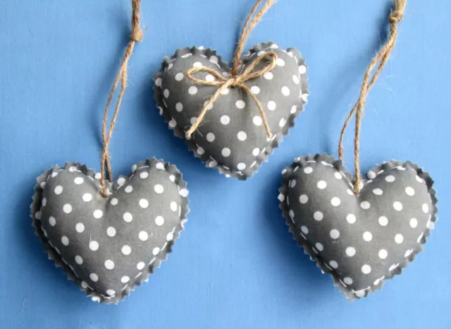 3 x GREY WHITE DOTTY SHABBY CHIC HANGING FABRIC HEARTS