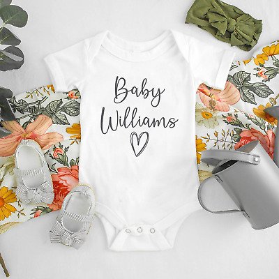 Personalised Custom Baby Name Vest heart Baby Grow Bodysuit Reveal Announcement