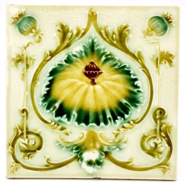 Antique Fireplace Tile Moulded Majolica Floral Design WTH Smith C1900