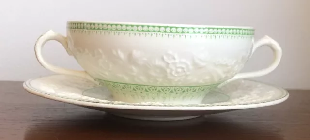 Antique George Jones & Sons Crescent ‘Shannon' Twin Handle Flat Cup Saucer Duo