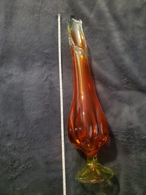 Vintage MCM Viking Glass Amberina Persimmon 6 Petal Swung Glass Vase 18 Inches