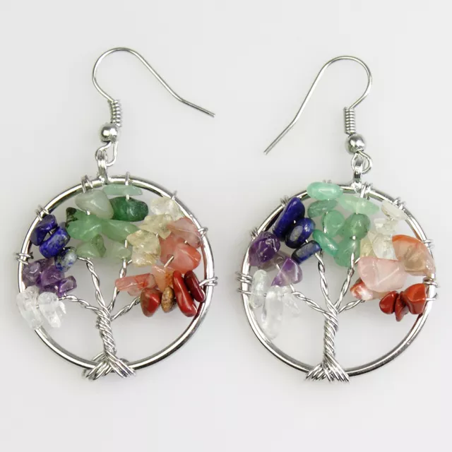 Natural Amethyst Lapis Lazuli Peridot Chip Beads Tree of Life Silver Earrings