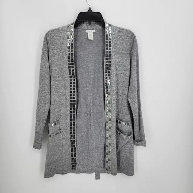 Cache Cardigan Sweater Womens XS Silver Metallic Studded Cardigan Pockets Y2K