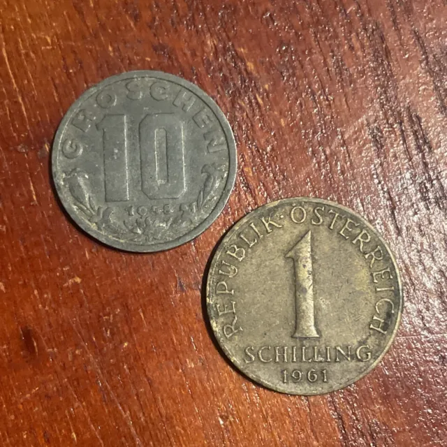 Austria 10 Groschen (1948) & 1 Schilling (1961) Coins