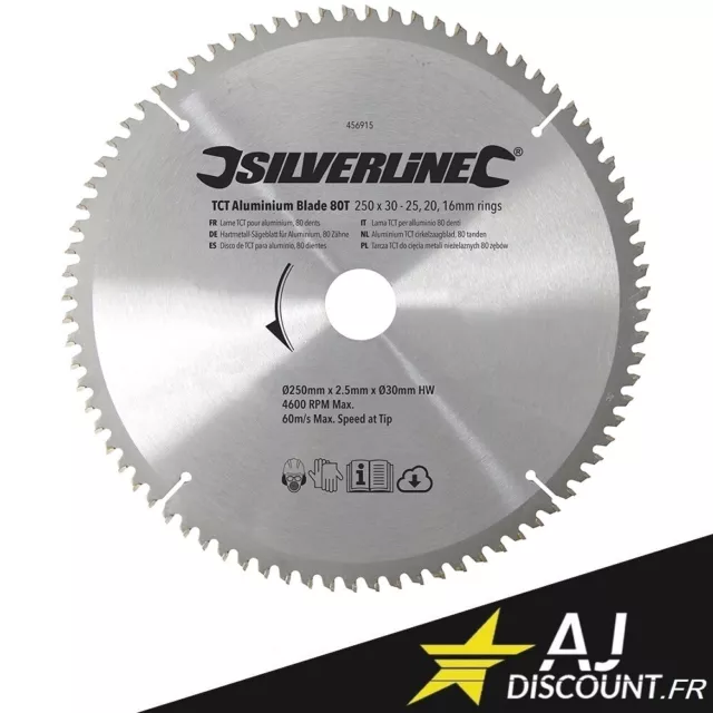 Lame scie circulaire pour aluminium TCT 80 dents - Ø 250 x 30, 25, 20 et 16mm