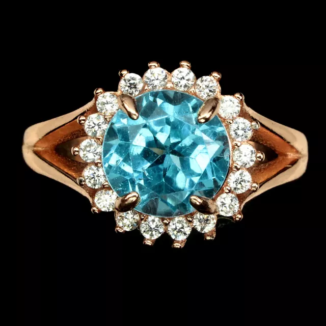 Swiss Blue Topaz Round 8mm White Cz 14k Rose Gold Plate 925 Silver Ring Sz 6.5,7