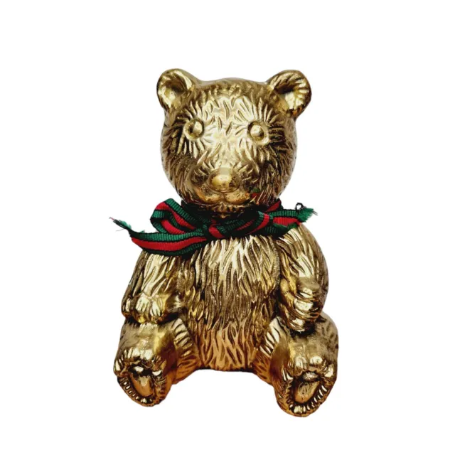 Brass Teddy Bear Solid Vintage Plaid Scarf 6" Tall Paperweight Door Stop Figurin