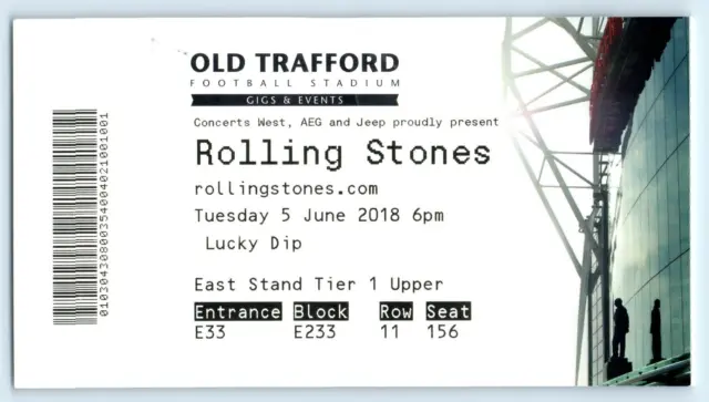 Rolling Stones CONCERT Ticket Stub Old Trafford Manchester TUESDAY 5 June 2018