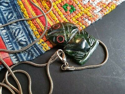 Old New Zealand Maori Carved Jade / Green Stone Hei Tiki Pendant on Chain