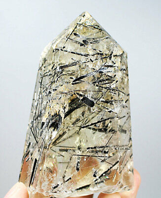 0.98lb Natural Clear Black Tourmaline Quartz Crystal Obelisk Wand Point Healing