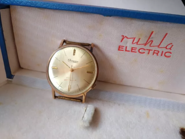 70er DDR Armbanduhr RUHLA Electric Champion Antimagnetic 25-12-55-13, Gold 20MM