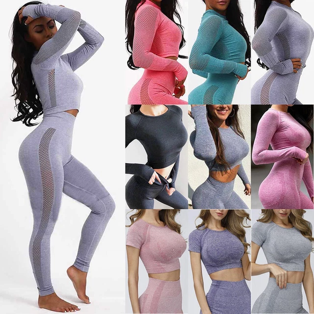 Women Seamless 2pcs Yoga Set Yoga Suit Crop Top+Leggings Pants Sports Gym Outfit
