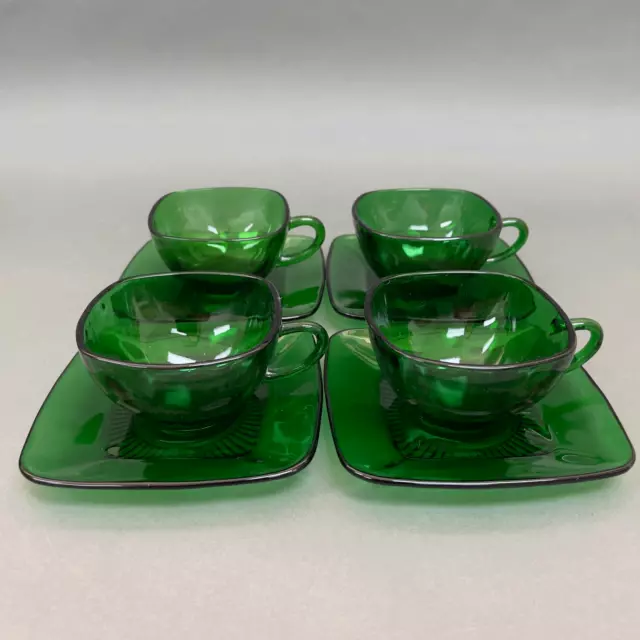 Fire King Anchor Hocking Square Cup & Saucers Charm Forest Green Glass Lot of 8