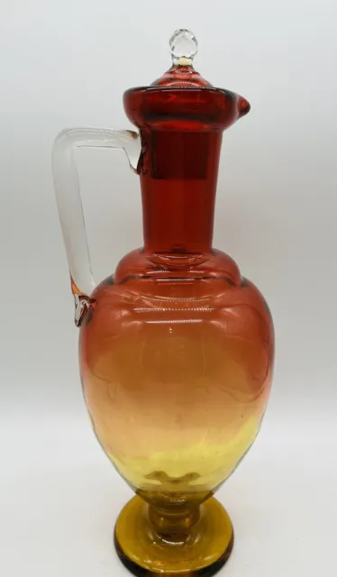 Victorian  Amberina Inverted Thumbprint Decanter 13.5” With Stopper Clear Handle