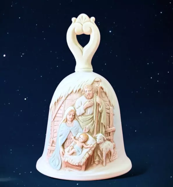 Vtg Homco Christmas Bell w Nativity Scene Relief Collectible Porcelain Bisque