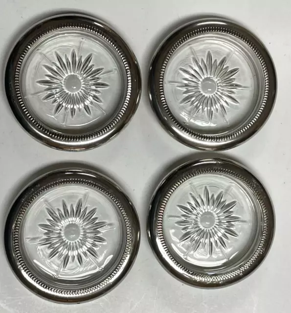 Vintage Leonard Italy Glass & Silverplated Coasters Set of 4 Italian Starburst