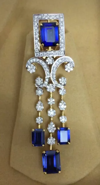 Victorian Royal Style Sparkle Blue Sapphires & Lab-Created Diamonds Drops Brooch
