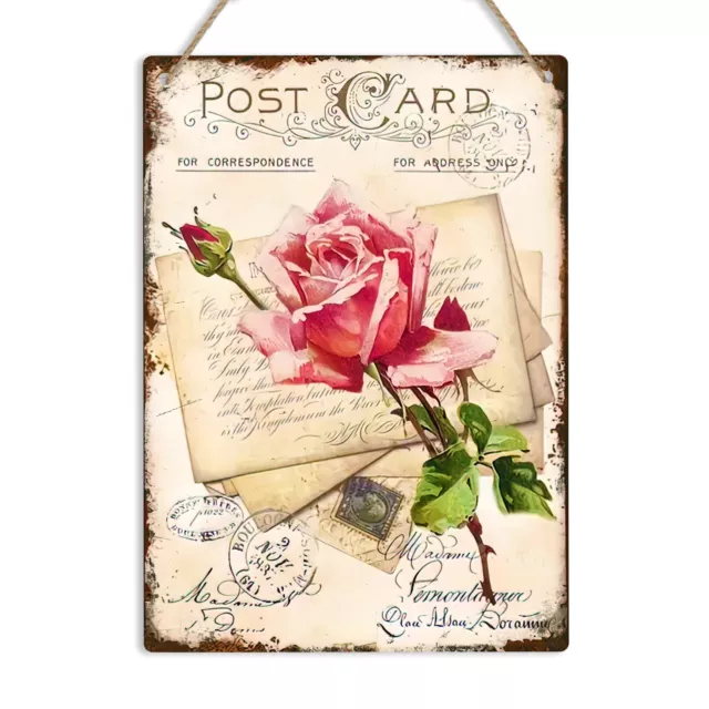 Vintage Post Card Floral Shabby Chic Metal Sign Wall Plaque Rose Home Art Decor