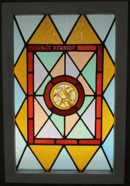 MIDSIZE OLD ENGLISH LEADED STAINED GLASS WINDOW Hand Painted Bird 17" x 25"