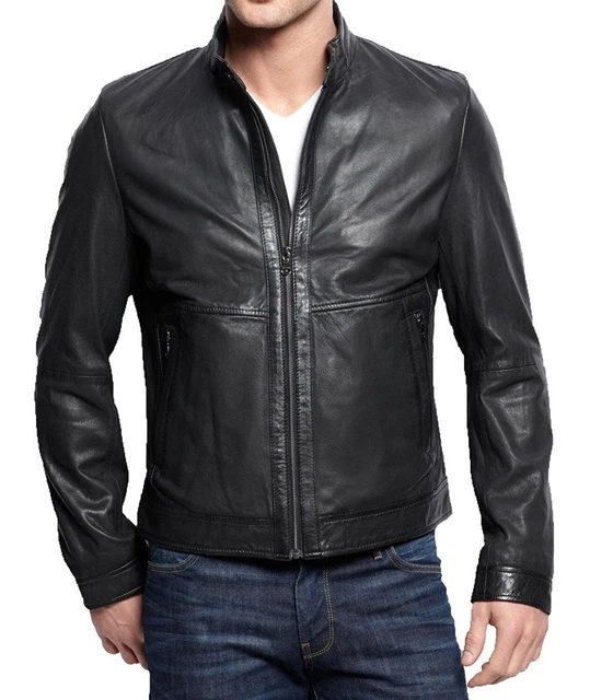 Jacket Leather Biker Motorcycle Men's Mens Lambskin Racer Cafe Vintage Black V12