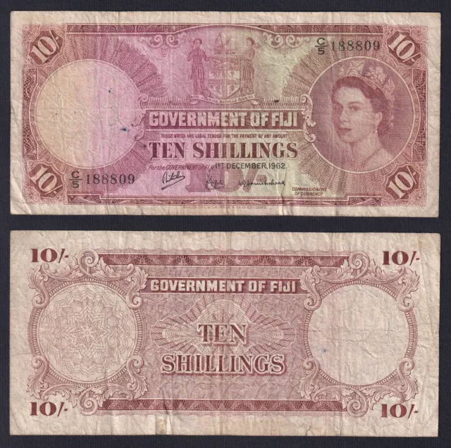 Government Of Fiji 10 Shillings 1962 P 52c BB Vf- A-10