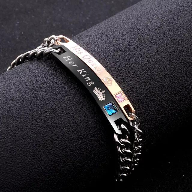 "Her King/His Queen" schwarz rosa Valentinstag Paar Liebhaber Geschenk Armband UK"