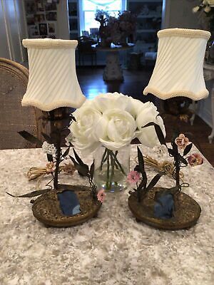 Pair antique vtg porcelain flower roses lamps french style blue glass tole