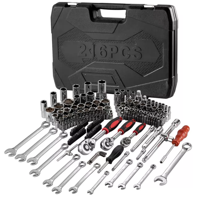 Professional 216 PCS Ratchet Spanner Socket Set 1/2" 1/4" 3/8" Tool Kit +Case