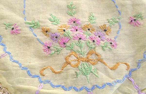 Vtg Hand Embroidered Floral Sheer Yellow Pillow Cover/Sham Lace Edging