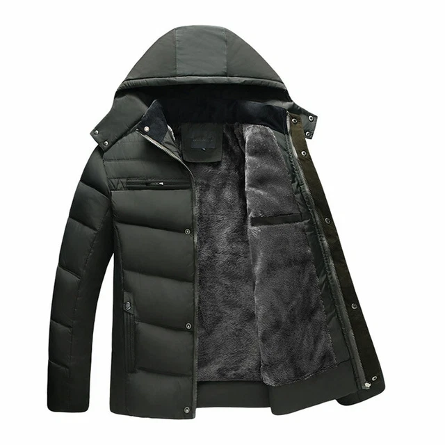 Mens Parka Padded Quilted Fleece Fur Lined Hooded Winter Jacket Heavy Warm Coat