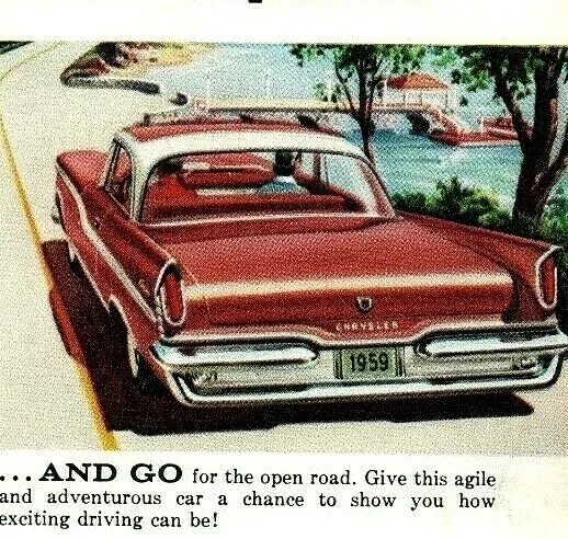 1959 RED CHRYSLER ESCAPE Print Ad American Car Vacation ORIGINAL PAPER AD 3912