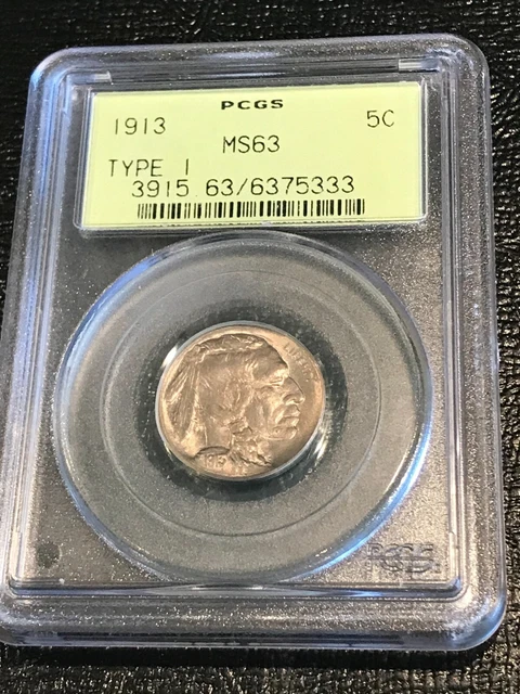 Old Green Holder Pcgs Ms63 1913 P Type 1 Buffalo Nickel Coin-Oct244