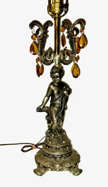Vintage Cast Bronze Cherub Lamp W/prisms Angel Table Lamp Putti