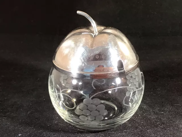 Vintage Falstaff Apple Form Etched Glass  Condiment Jam Jelly Jar Pot Silver Lid