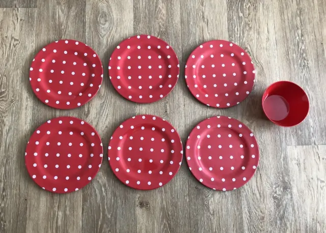 Platos de melamina rojos con lunares blancos x6 + 1 tazón Cath Kidston fiesta picnic