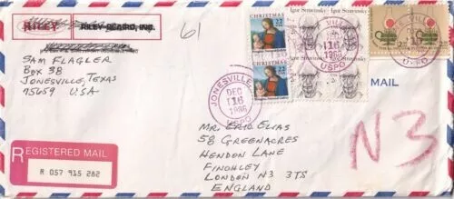 United States 1986 Jonesville TEX-London UK Registered Cover Jonesville cancel