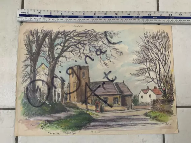 Folkton Church, Nr Scarborough  watercolour painting   ORIGINAL ARTWORK vintage