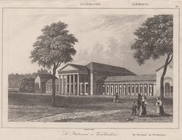 Wiesbaden Kurhaus Original Grabado de Acero Lemaitre 1838