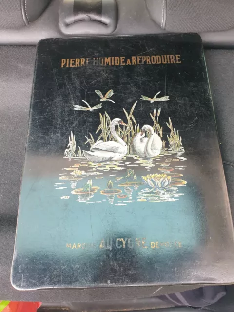 Boite Plaque publicitaire lithographiée Au cygne XIX Pierre humide à reproduire