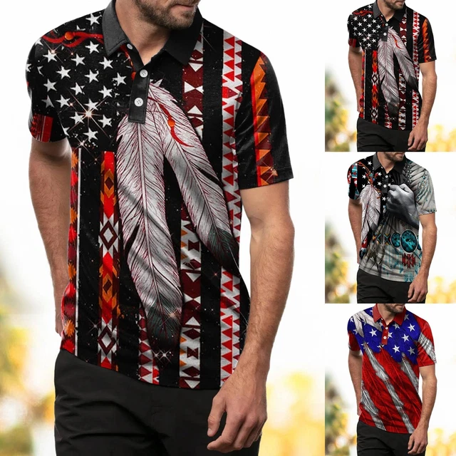 Mens Casual Sports Polo Shirt Indian Tribal Feather Retro Pride Flag Lapel Short