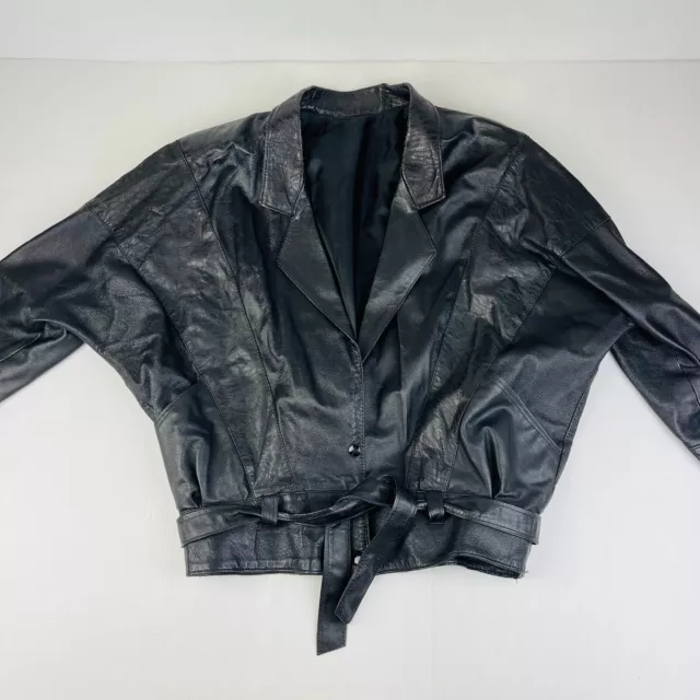 Vintage Black Leather Jacket 1980s Wingbat Sleeves Women's Size L