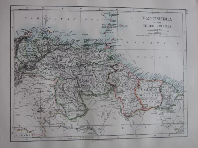 1897 Victorian Map Venezuela & Three Guianas Trinidad