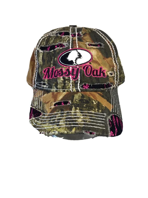 Ladies MOSSY OAK Pink Patch Camo Lace Distressed Cap Hat One Size Break Up