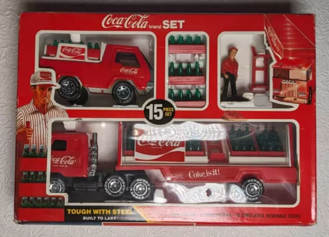Vintage 1985 Buddy L Coca Cola 15 Piece Set Steel Tractor Trailer Coke Truck