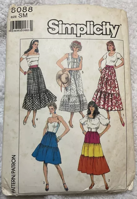 Vintage Simplicity sewing pattern 8088, women’s long tiered skirts, size Small