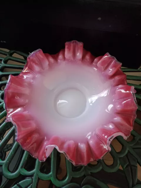 Antique Victorian Cranberry Pink Opaline Glass Enamel Ruffle Bride Bowl Dish Vgc