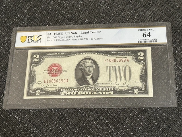 1928G 2$ Two Dollar Red Seal Note- Very Rare PCGS Graded Choice UNC 64
